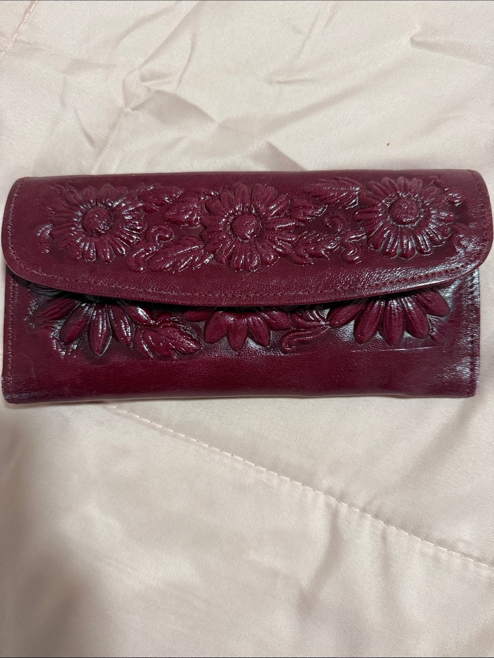 Hand-Tooled Floral Leather Clutch Wallet - Burgundy